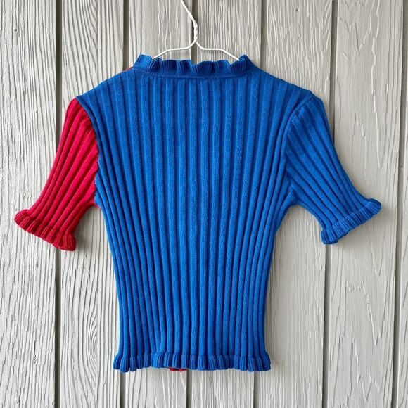 Find Me Now Two-Tone Ruffle Button Cardigan Blue/Red S Rib Knit Kidcore Y2K - Picture 5 of 9
